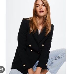Mango Quintin Tweed Blazer Black Pearl Button Size M